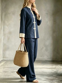 LUMIGAL Women's Colorblock Long Sleeve Top And Pants 2 Pieces Set Brunch Tea Party Navy Blue Summer Minimalist - Navy Blue - View 5
