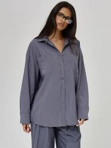 MUSERA Grey Woven Oversized Button Up Shirt Autumn Winter Fall Daily Everyday Essential Blancs - Grey - View 1