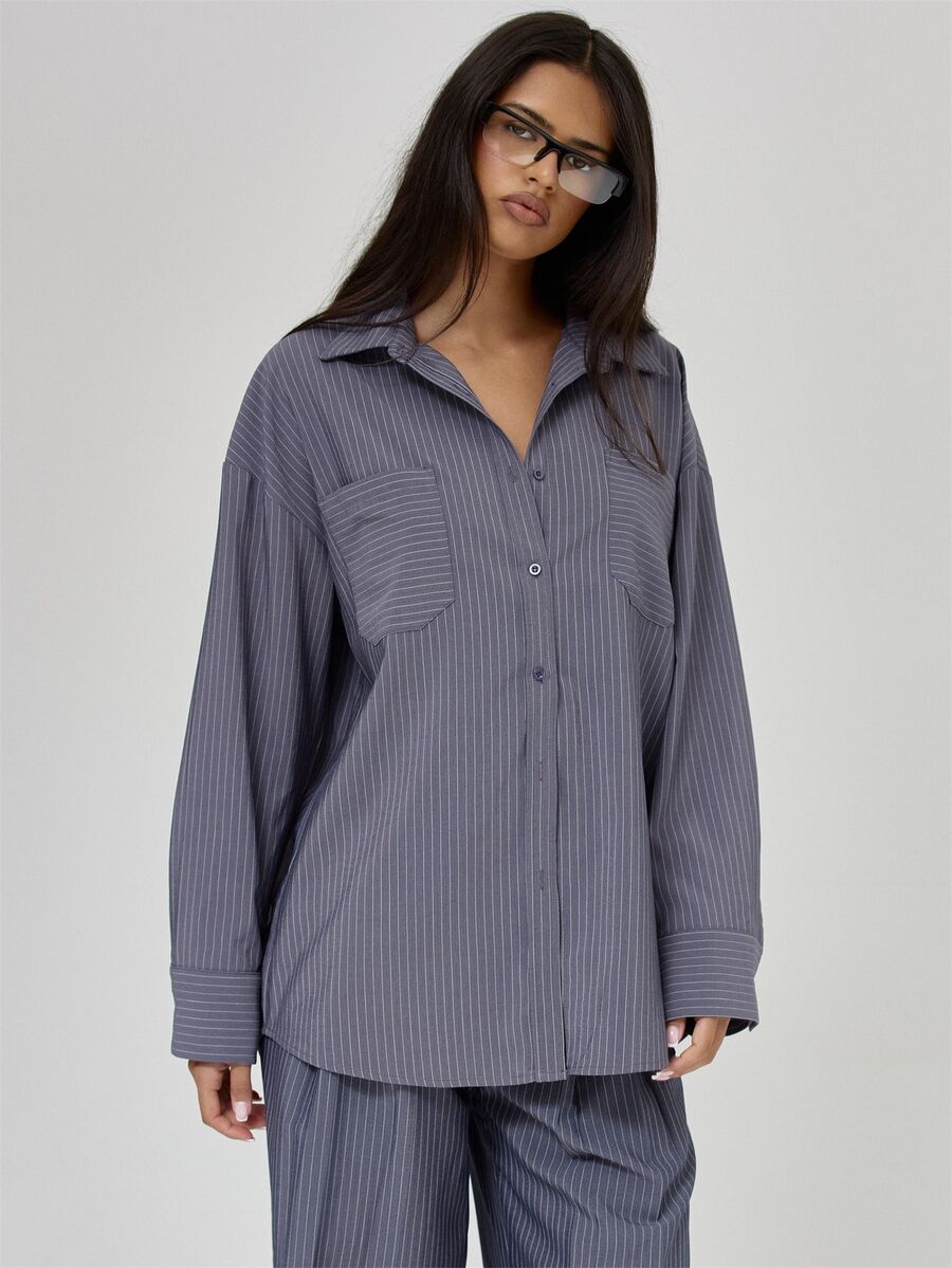 MUSERA Grey Woven Oversized Button Up Shirt Autumn Winter Fall Daily Everyday Essential Blancs - Grey - View 1