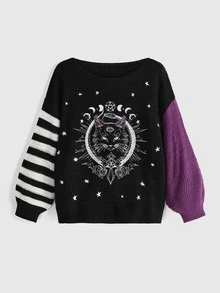 ROMWE Autumn/Winter Dark Gothic Halloween Day Of The Dead Black Cat Cross Star Moon Yin Yang Contrast Color Crew Neck Pullover Sweater - Black - View 1
