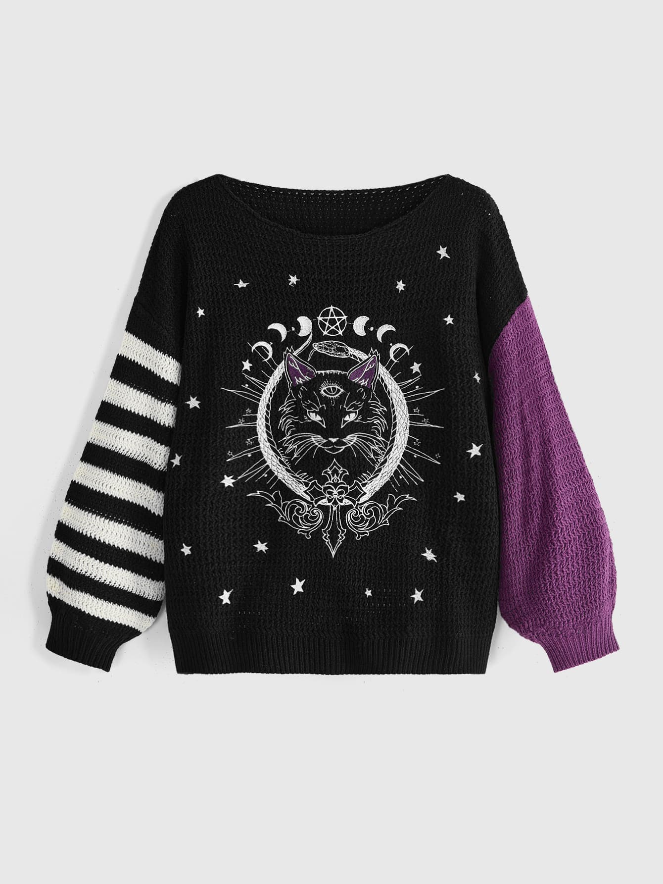 ROMWE Autumn/Winter Dark Gothic Halloween Day Of The Dead Black Cat Cross Star Moon Yin Yang Contrast Color Crew Neck Pullover Sweater - Black - View 1