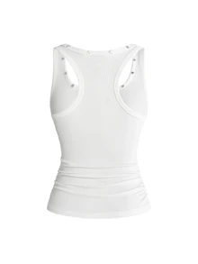 ROMWE Grunge Punk Grunge Emo Girl Distressed Sad Aesthetic Star Slogan Print Punk Metal Star Rivet Fitted Tank Top - White - View 2
