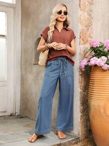SHEIN PETITE Women's Loose Fit Vacation Elastic Waist Drawstring Casual Denim Jeans - Light Wash - View 6
