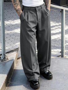 SLATEMANN Men's Black Suit Pants, Loose Casual Versatile Fashion Dress Trousers - Dark Grey - View 1