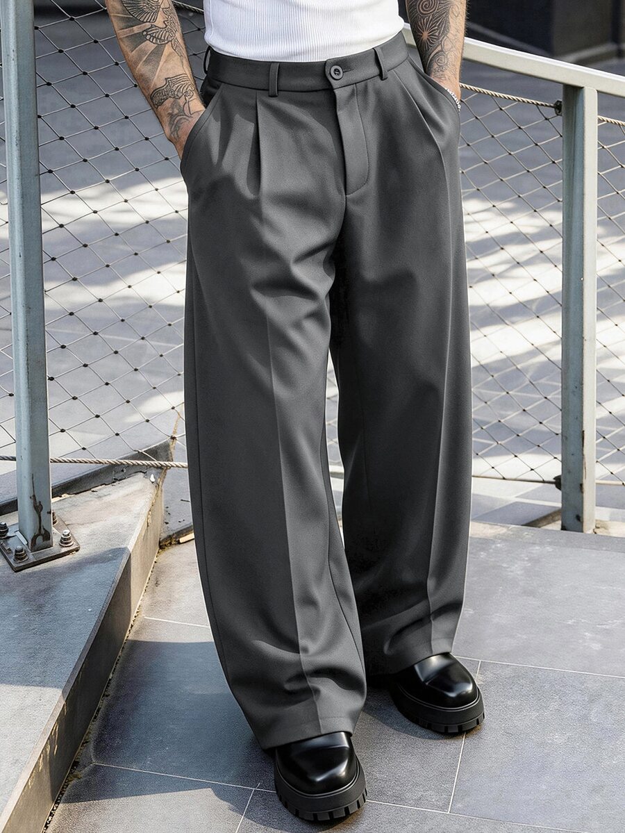 SLATEMANN Men's Black Suit Pants, Loose Casual Versatile Fashion Dress Trousers - Dark Grey - View 1