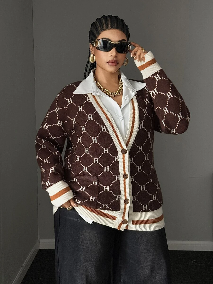 Maweii Plus Size Women's Letter Stripe Long Sleeve Single-Breasted Knit Cardigan - Coffee Brown - View 1