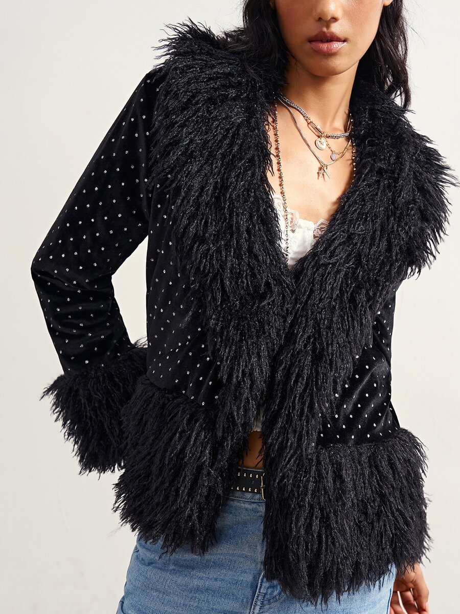 Bohemela Women's Polka Dot Fashion Versatile Winter Plush Patchwork Cardigan - Black - View 1