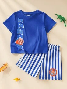 Blippi X SHEIN Young Boy Letter Cartoon Print Short Sleeve T-Shirt And Shorts Set - Blue - View 1