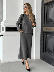 Pariaura Slouchy Minimalist Commute Casual Premium Feel Round Neck Loose Fit Slimming Pullover Sweater And Elastic Waist Skirt 2 Pieces Set - Grey - View 3