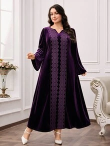 Al Najma Plus Size Women's Contrast Lace Long Sleeve Elegant Arabian Dress - Purple - View 6