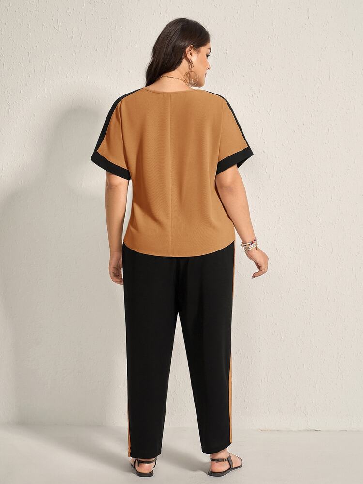 Comfylo Plus Size Casual Short Sleeve Top And Striped Pocket Pants Set - Multicolor - View 2