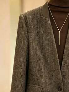 SHEIN Franclia Women Blazer Slim Fit Structured Shoulder Woolen Textured Knit Collar Single Breasted Old Money Brown Geometric Fall Clothes For Women - Coffee Brown - View 4