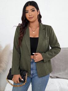 SHEIN PETITE CURVE 小碼大尺碼女款秋冬新款時尚休閒西裝外套 - 軍綠色 - 查看 3