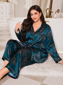 MuseNap CURVE Women's Plus Size Botanical Print Faux Silk Open Front Lapel Long Sleeve Pants Pajama Set - Dark Green - View 7