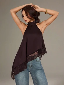 SHEIN PETITE 不對稱高領掛脖上衣，蕾絲飾邊，晚宴派對雞尾酒會正式優雅無袖款 - 紫紅色 - 查看 3