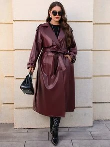 EMERY ROSE Plus Size Women's Elegant Autumn/Winter PU Solid Color Burgundy Long Trench Coat - Burgundy - View 7