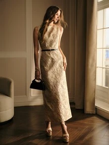 MOTF PREMIUM EXQUISITE JACQUARD LONG DRESS FOR WOMEN - Gold - View 3