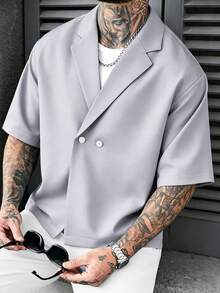 SLATEMANN 男士純色休閒百搭日常短袖襯衫 - 淺灰色 - 查看 5