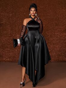 Maweii Gaun Wanita Ukuran Besar Warna Hitam dengan Potongan Pas di Pinggang, Leher Halter, dan Lengan Ikat, Cocok untuk Musim Gugur - Hitam - View 1