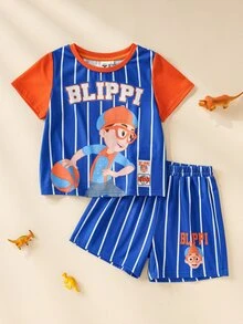 Blippi X SHEIN Young Boy Striped Short Sleeve T-Shirt And Shorts Casual Set - Blue - View 1