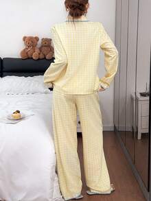 Napfluff Women's Woven Plaid Print Contrast Trim Long Sleeve Long Pants Pajama Set - Yellow - View 2
