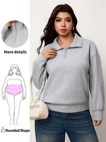 Enliva Plus-Size Women's Loose-Fitting Half-Zip Vent Pullover SweatshirApple,Rounded Body - Grey - View 1