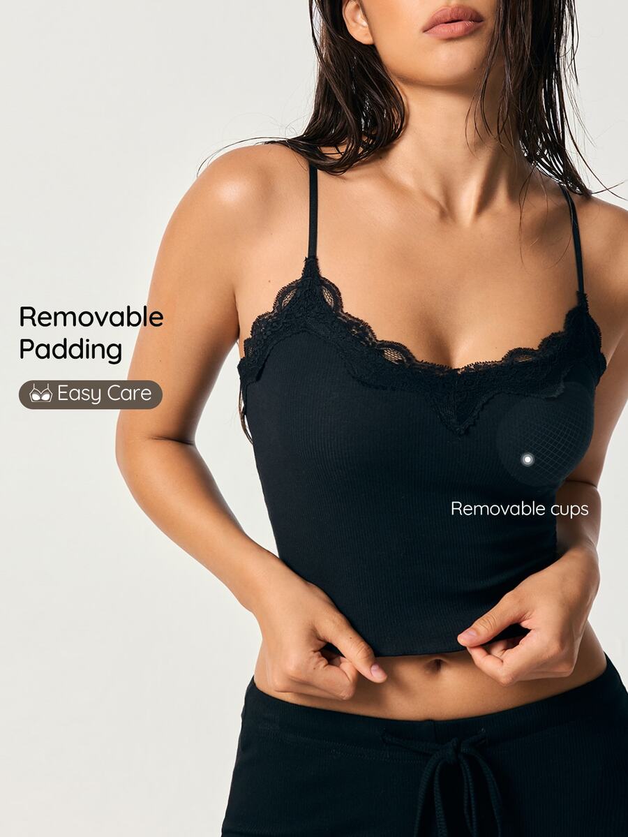 SHAPORA 1pc Women's Lace Patchwork Skin-Friendly Versatile Camisole Top - Black - View 1