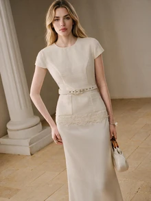 Anewsta Autumn Beige 2 In 1 Lightweight Dress With Textured Hem, Lace Trim And Belt For Women - Beige - View 5