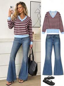 Easowa Women's Street Casual Striped Colorblock Long Sleeve T-Shirt - Brown - View 1
