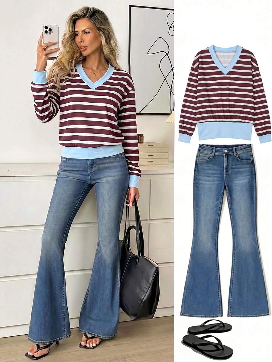 Easowa Women's Street Casual Striped Colorblock Long Sleeve T-Shirt - Brown - View 1