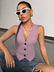 Sweetra 女款純色單排扣休閒通勤西裝背心 - 淺粉色 - 查看 6