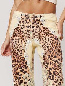 Musera Petite Lace Up Straight Leg Printed Jeans Autumn Winter Back To School Daily Everyday - Multicolor - View 5