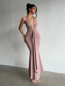 Nuvra Women's 2-In-1 Halter Neck Tie Strap Tummy Control Butt Lift Waist Shaping Body Sculpting Long Dress - Brown - View 6