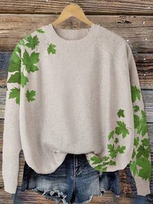 Linhara Plus Size Fashion Leaf Print Long Sleeve Pullover Sweater - Green - View 1