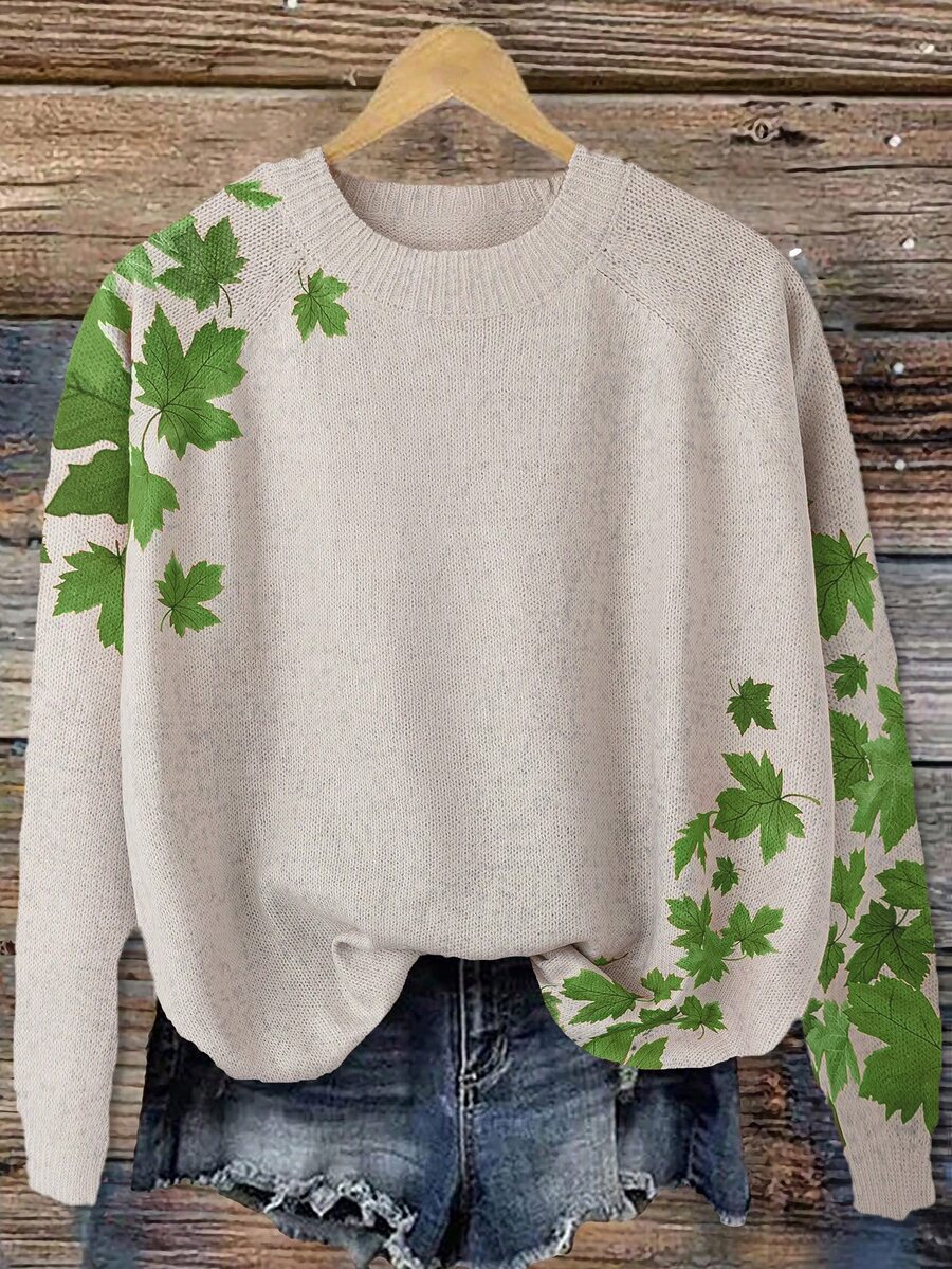 Linhara Plus Size Fashion Leaf Print Long Sleeve Pullover Sweater - Green - View 1