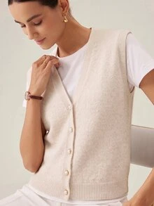 SHEIN Women's Sleeveless V-Neck Knit Vest, Beige With Pearl-Style Buttons, Soft Layering Cardigan For Workplace & Casual Daily Wear, Autumn/Winter - Beige - View 6