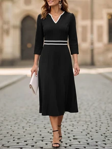EMERY ROSE V Neck Contrast Piping A-Line Midi Dress, 3/4 Sleeve High Waist Fit & Flare Elegant Dress For Work Fall - Black - View 4