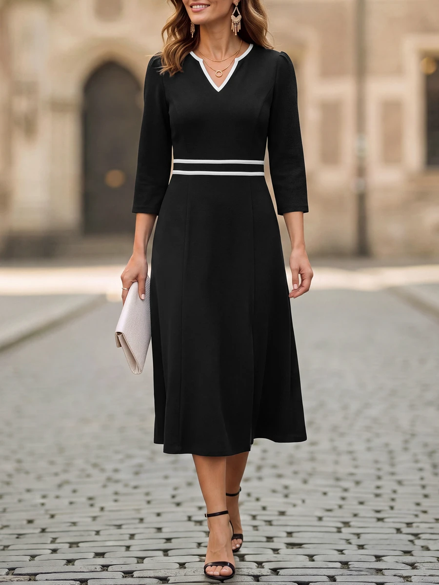 EMERY ROSE V Neck Contrast Piping A-Line Midi Dress, 3/4 Sleeve High Waist Fit & Flare Elegant Dress For Work Fall - Black - View 1