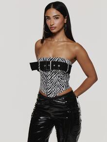 MUSERA Áo quây chi tiết thắt lưng họa tiết ngựa vằn phong cách Coolgirl cho mùa thu đông, đi rave và lễ hội, size Ultra M - Đen và trắng - Xem 1