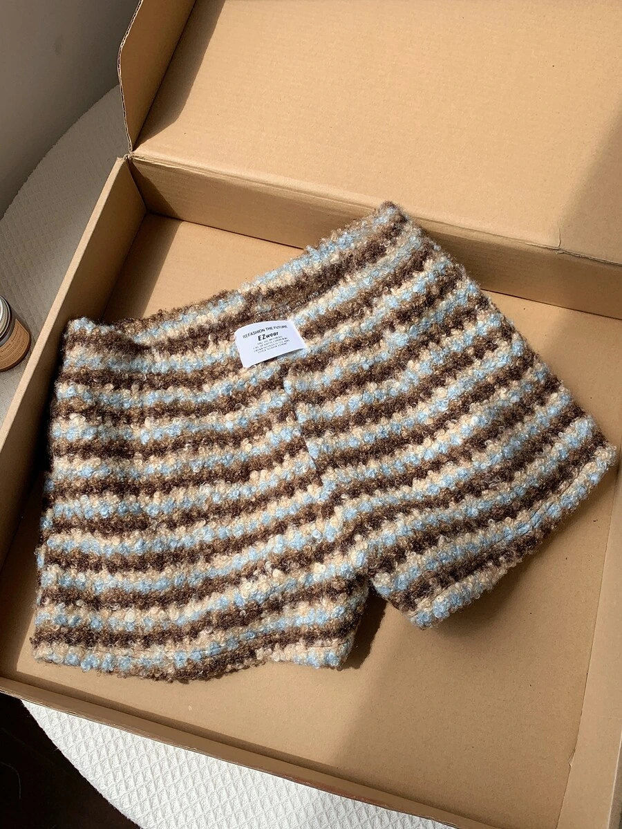 Comfortcana Winter Preppy Teddy Fleece Striped Shorts For Daily Loungewear High Waist - Brown - View 1