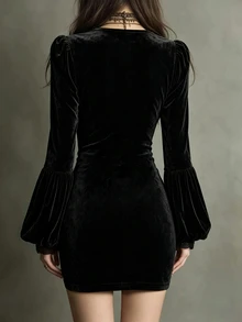 LUMIGAL Women's V-Neck Velvet Lantern Sleeve Lace Patchwork Vintage Long Sleeve Mini Dress - Black - View 2