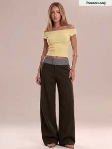 Avantive Women's Waist Patchwork Plaid Wide Leg Loose Long Pants - Coffee Brown - View 4