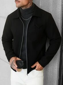 Manfinity CasualCool 男士休閒純色長袖拉鍊羊毛混紡夾克 - 黑色 - 查看 1