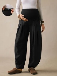 Boho Mama بنطلون طويل كاجوال يومي للحوامل بلون سادة وخصر قابل للتعديل - الأسود - مشاهدة 1