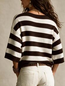 SHEIN Fall Casual Striped Knit Top, Round Neck Drop Shoulder Half‑Sleeve Loose Women Pullover - Multicolor - View 2