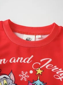 TOM & JERRY X SHEIN Young Boy Letter Cartoon Print Crew Neck Long Sleeve Casual Sweatshirt - Red - View 3