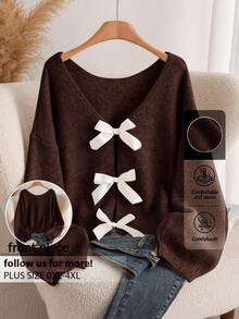 CosyJoli Sweater Wanita Ukuran Besar dengan Pita di Belakang, Mode Musim Gugur/Dingin, Nyaman dan Serbaguna - Coffee Brown - View 1