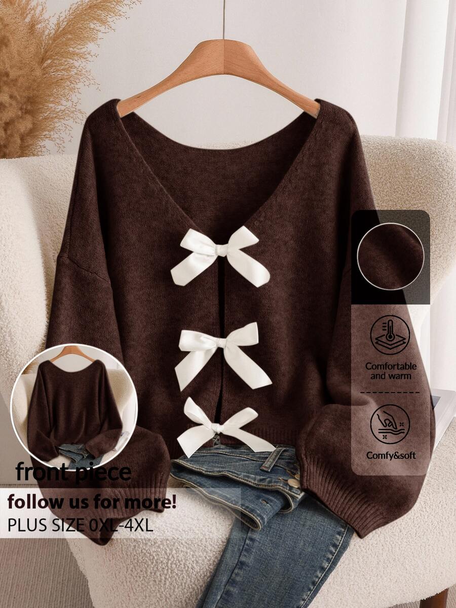 CosyJoli Sweater Wanita Ukuran Besar dengan Pita di Belakang, Mode Musim Gugur/Dingin, Nyaman dan Serbaguna - Coffee Brown - View 1