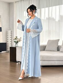 Graceveil Women's Contrast Lace Long Sleeve Elegant Arabic Abaya - Baby Blue - View 3