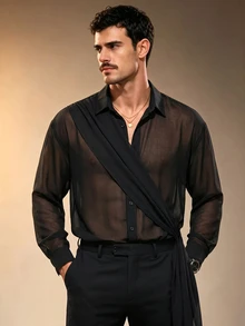 ZURIURI Men's Sheer Lightweight Elegant Fashion Mesh Shirt - Black - View 4